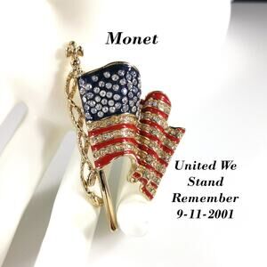 Vintage Monet Flag Brooch, United We Stand 9/11 Enamel Rhinestone Pin, Signed